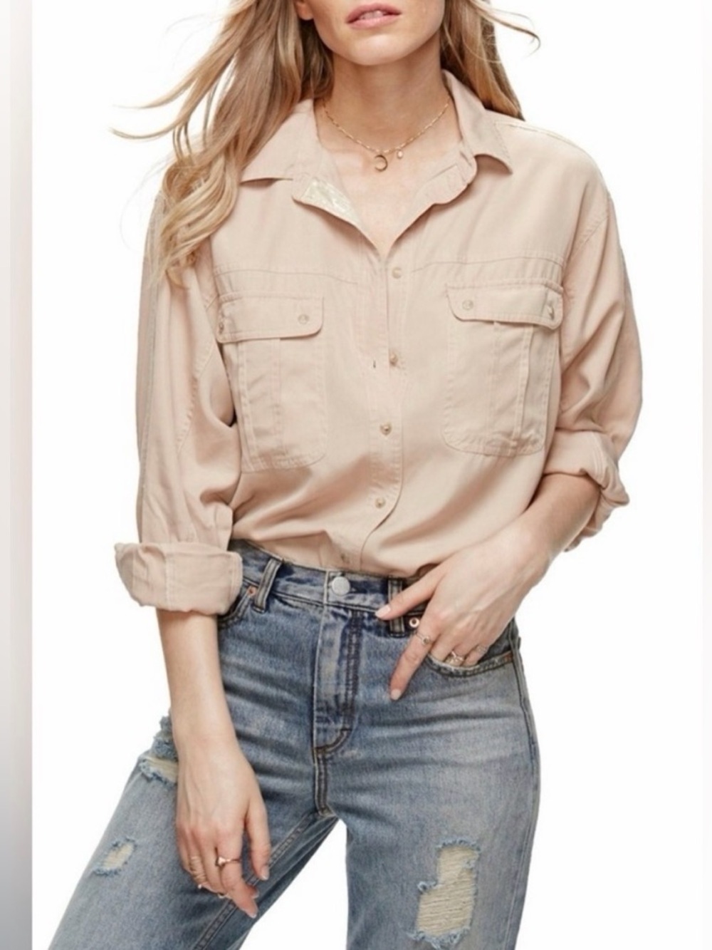 Free People Off Campus Button Down Shirt S Blush Tencel Metallic Trim